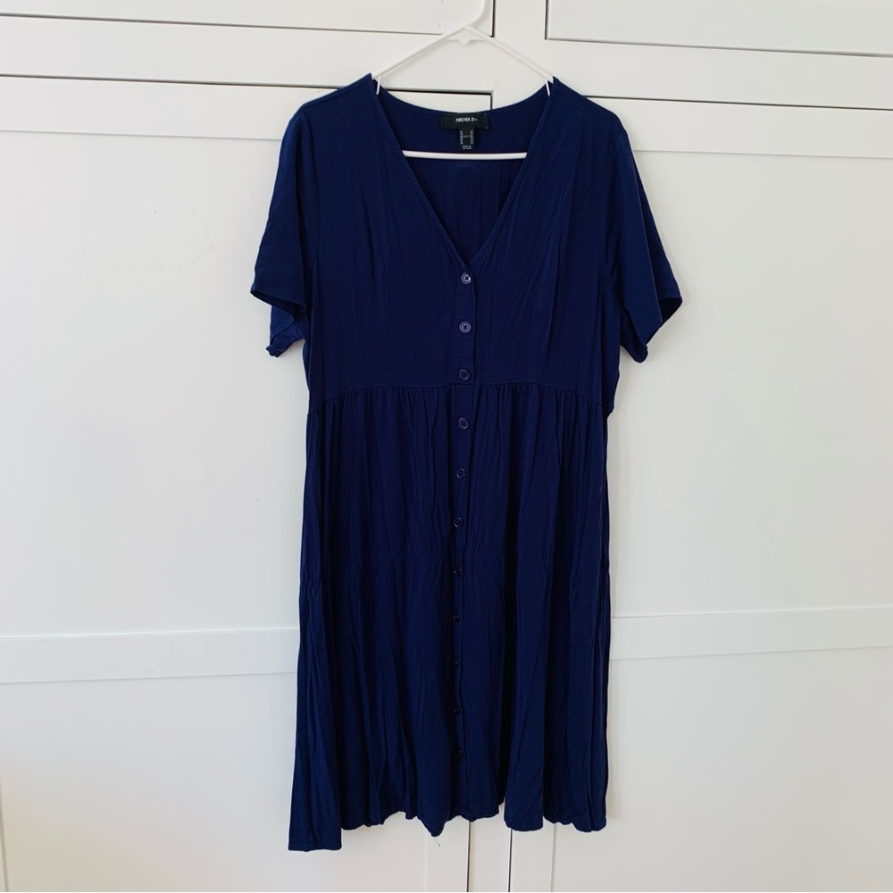 Forever 21+ Rayon Navy Blue Front Button Midi Dress Size 2X